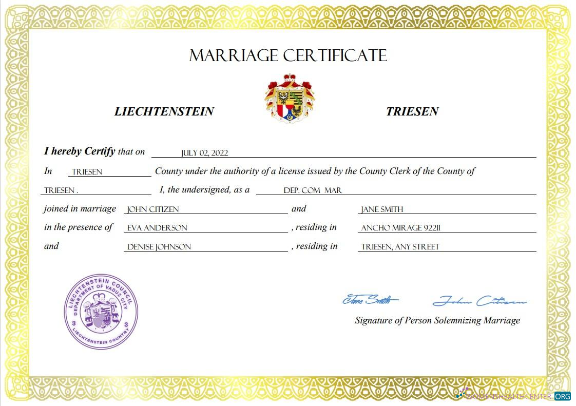 Download Liechtenstein marriage certificate Word and PDF template Photoshop template